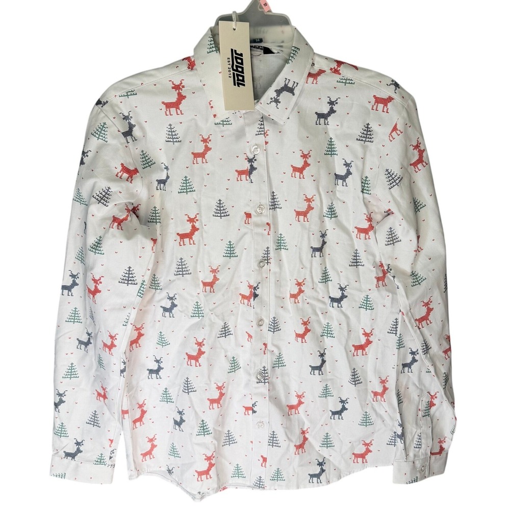 Jogal Mens Holiday Reindeer Tree Print Button Down Shirt White Size 14 M NEW